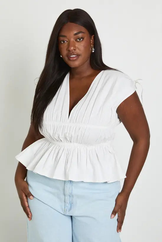 boohoo Plus Shirred Deep V Neck Poplin Top