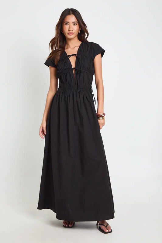 boohoo Cotton Poplin Shirred Front Tie Maxi Dress