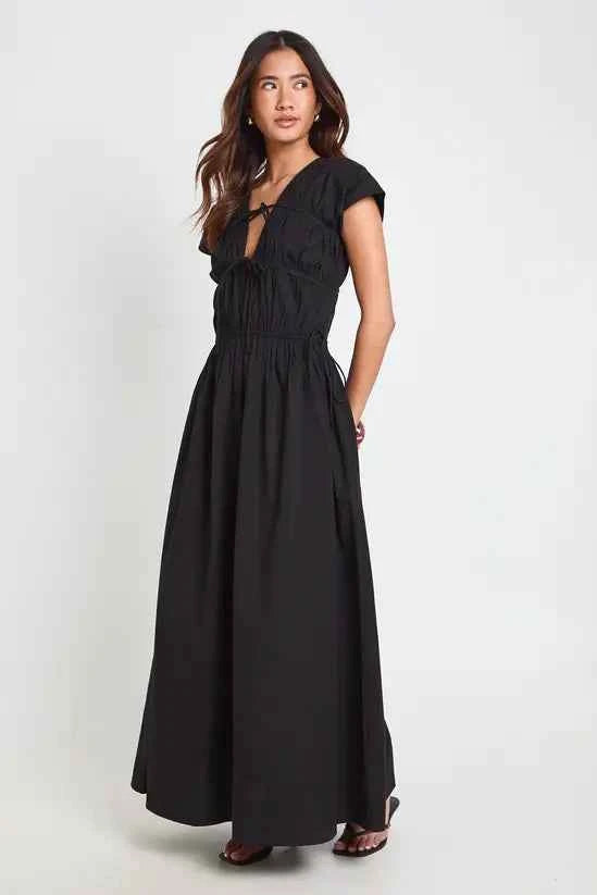 boohoo Cotton Poplin Shirred Front Tie Maxi Dress