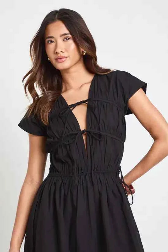 boohoo Cotton Poplin Shirred Front Tie Maxi Dress