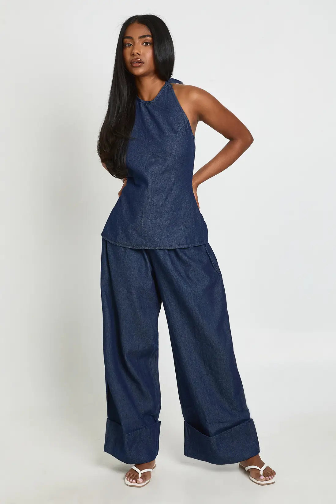 boohoo Chambray Tie Halterneck Top & Turnup Wide Leg Trousers