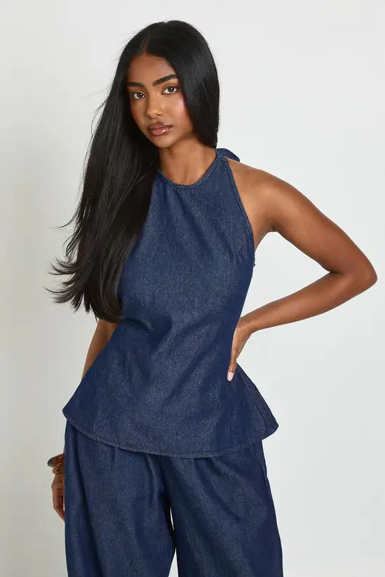 boohoo Chambray Tie Halterneck Top & Turnup Wide Leg Trousers
