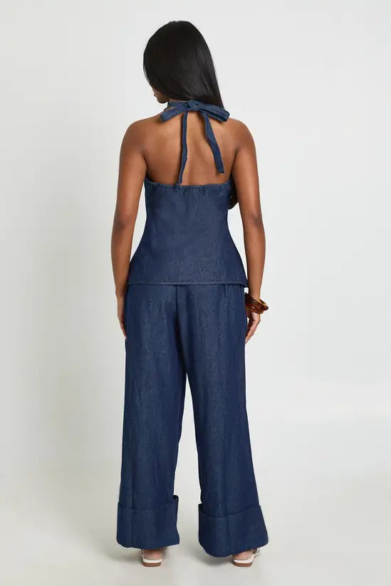 boohoo Chambray Tie Halterneck Top & Turnup Wide Leg Trousers
