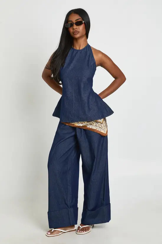 boohoo Chambray Tie Halterneck Top & Turnup Wide Leg Trousers