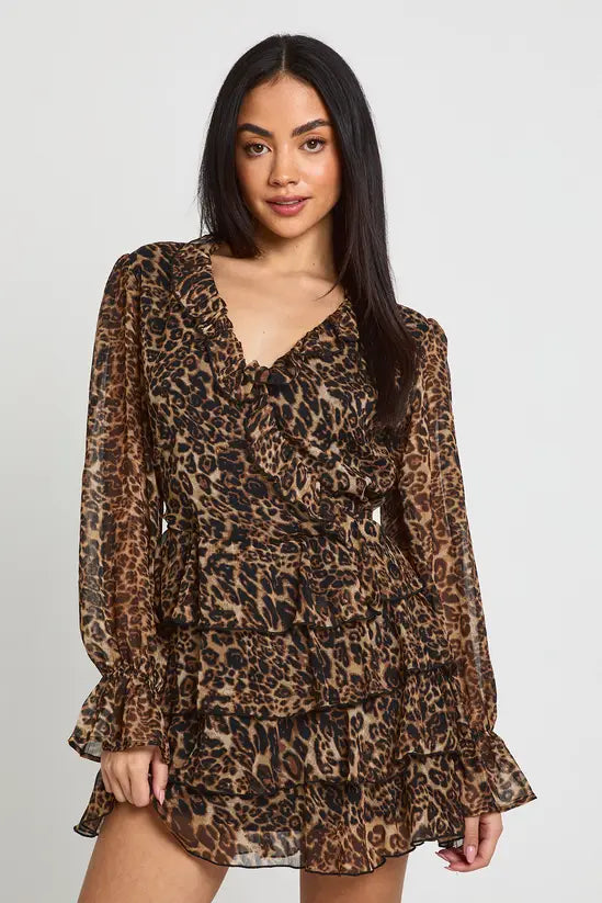 boohoo Chiffon Ruffle Detail Leopard Mini Dress