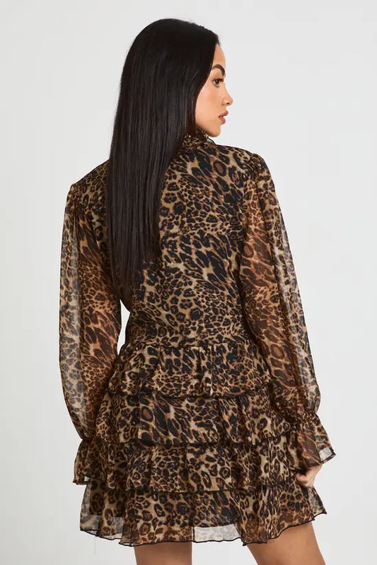 boohoo Chiffon Ruffle Detail Leopard Mini Dress