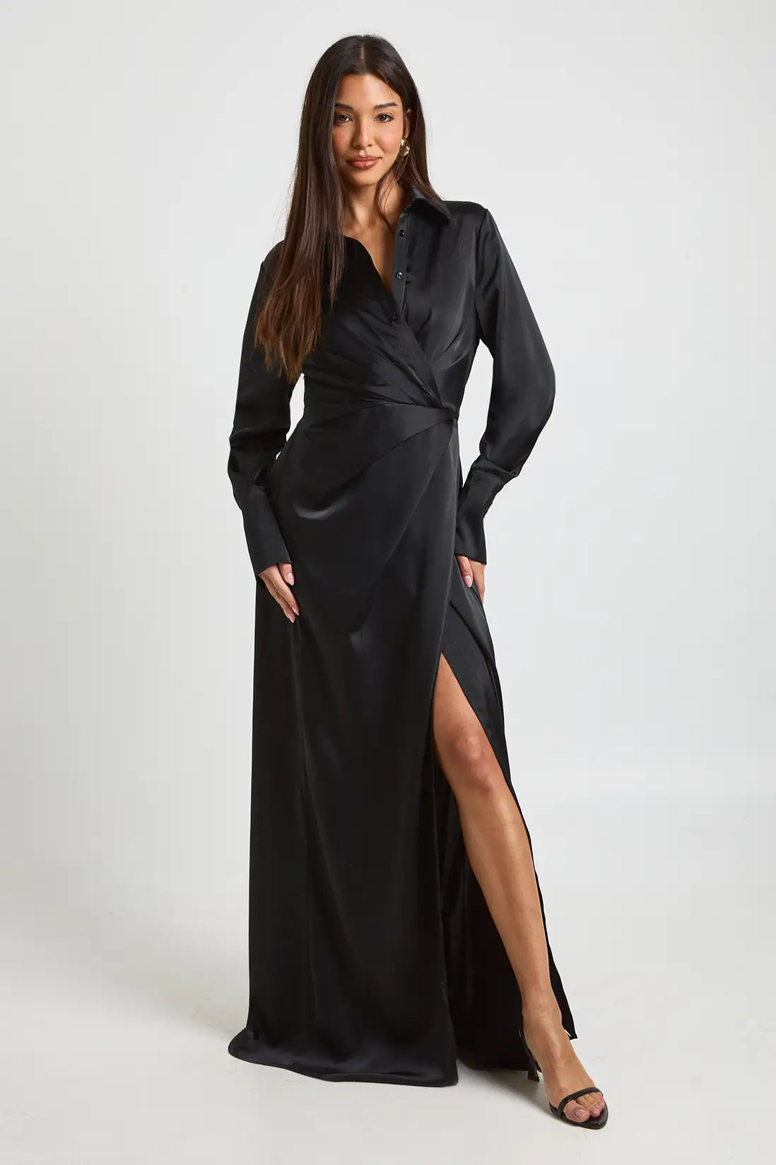 boohoo Satin Drape Waist Long Sleeve Maxi Shirt Dress