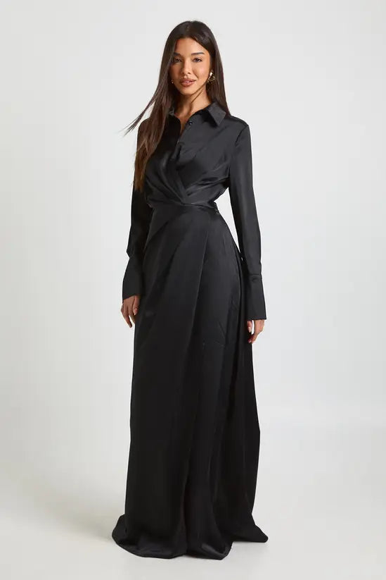 boohoo Satin Drape Waist Long Sleeve Maxi Shirt Dress