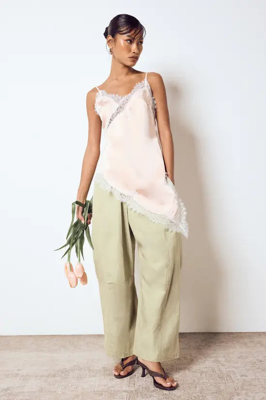 boohoo Asymmetric Hem Lace Satin Cami Top