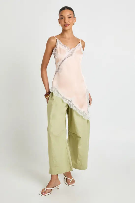 boohoo Asymmetric Hem Lace Satin Cami Top