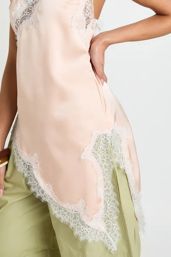 boohoo Asymmetric Hem Lace Satin Cami Top