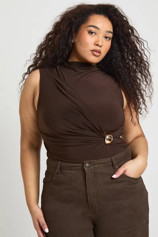 boohoo Plus Ruched Drape Gold Trim Sleeveless Bodysuit