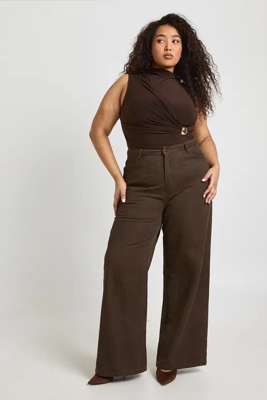 boohoo Plus Ruched Drape Gold Trim Sleeveless Bodysuit