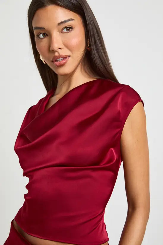 boohoo Satin Cowl Fitted Top