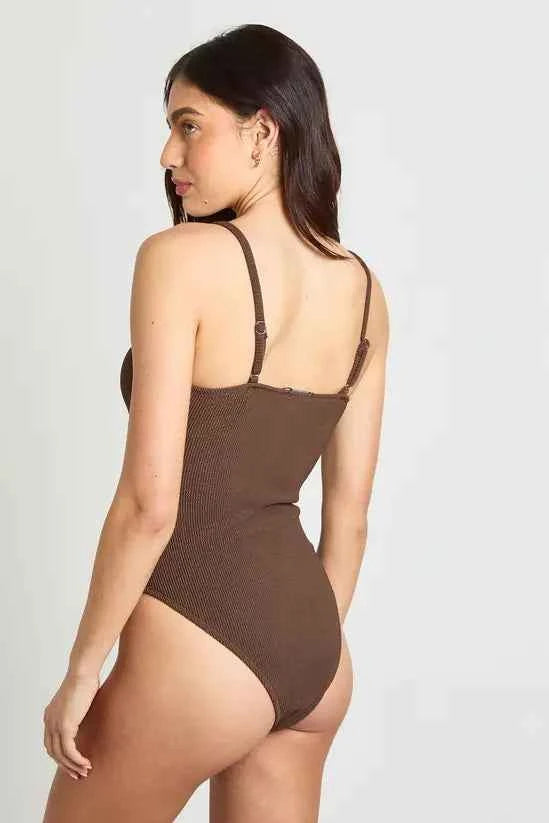 boohoo Tortoise Shell Trim Detail Crinkle Scoop Swimsuit