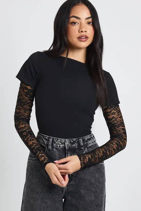 boohoo Lace Sleeved Baby Tee