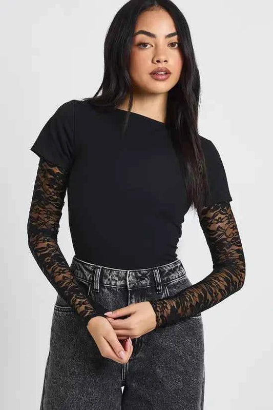 boohoo Lace Sleeved Baby Tee