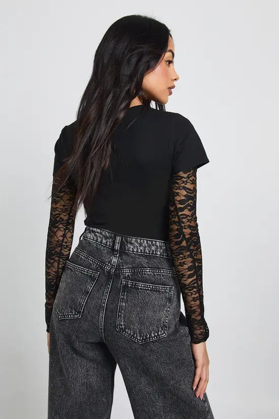 boohoo Lace Sleeved Baby Tee