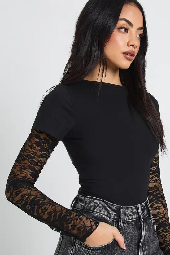 boohoo Lace Sleeved Baby Tee