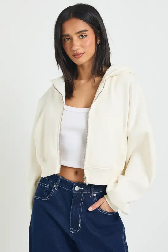 boohoo Petite Boxy Balloon Sleeve Oversized Zip Through Hoodie