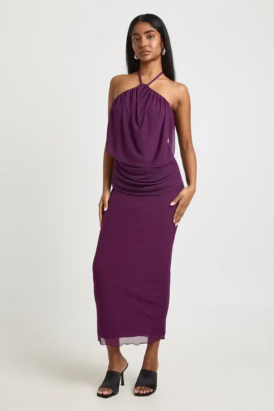 Boohoo - Mesh Halterneck Cowl Bodycon Midaxi Dress
