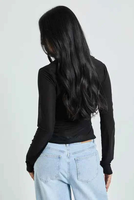 boohoo Sheer Textured Wrap Neck Long Sleeve Top