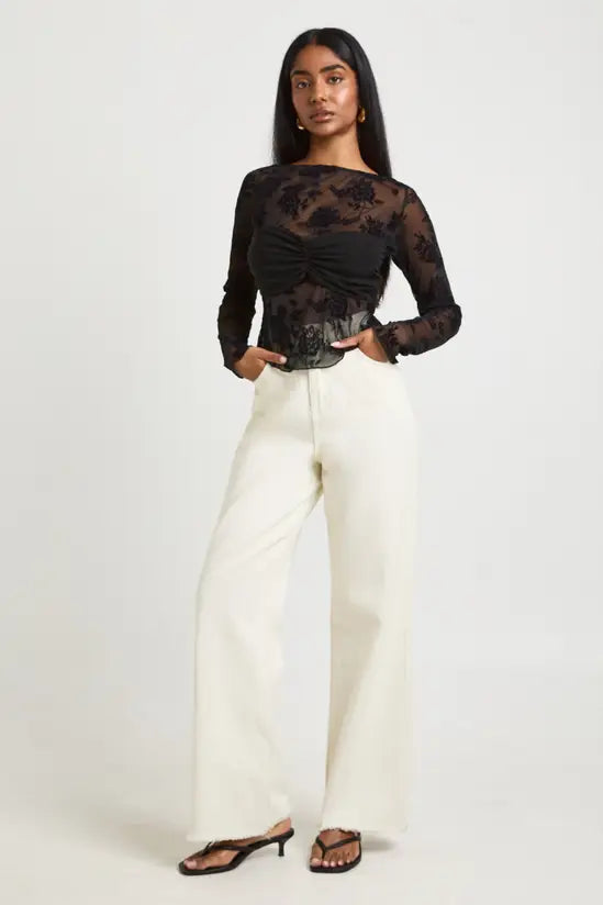 boohoo Floral Flocked Mesh Twist Front Crop Top