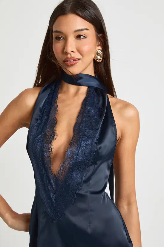 Boohoo - Satin & Lace Scarf Detail Mini Dress