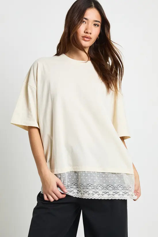 boohoo Oversized T-shirt with Lace Hem Trim