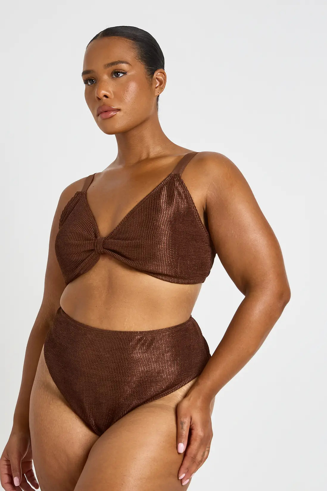 boohoo Plus Metallic Crinkle Knot Bikini Top & High Waist Bottom