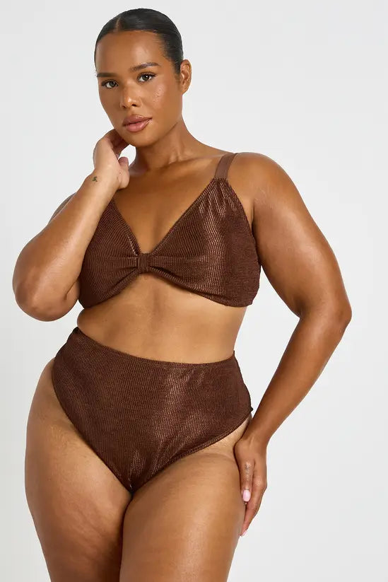 boohoo Plus Metallic Crinkle Knot Bikini Top & High Waist Bottom