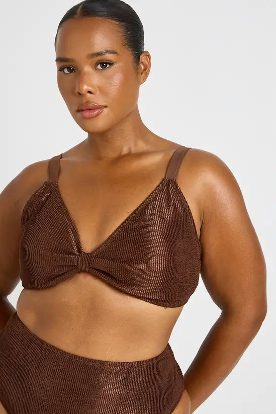 boohoo Plus Metallic Crinkle Knot Bikini Top & High Waist Bottom