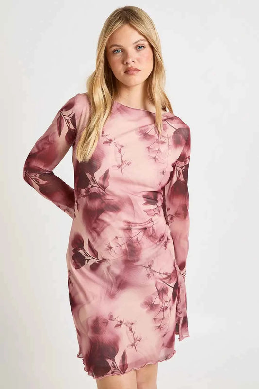 boohoo Tall Floral Mesh Flared Sleeve Mini Dress