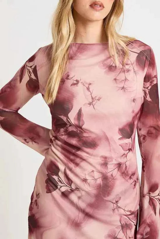 boohoo Tall Floral Mesh Flared Sleeve Mini Dress