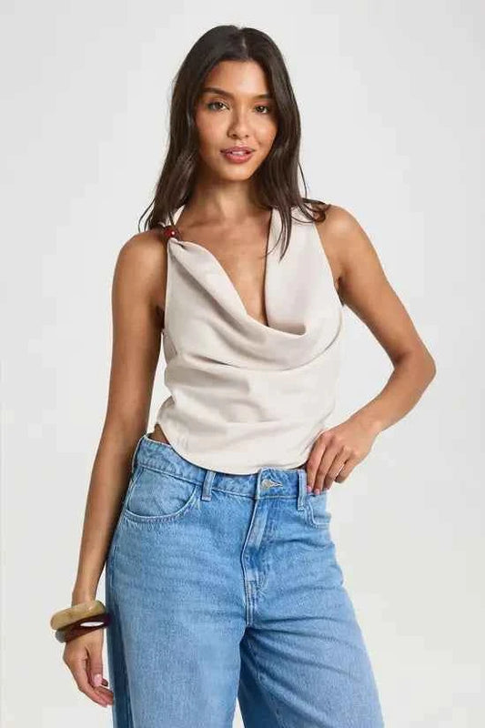 boohoo Crepe Beaded Cowl Neck Top