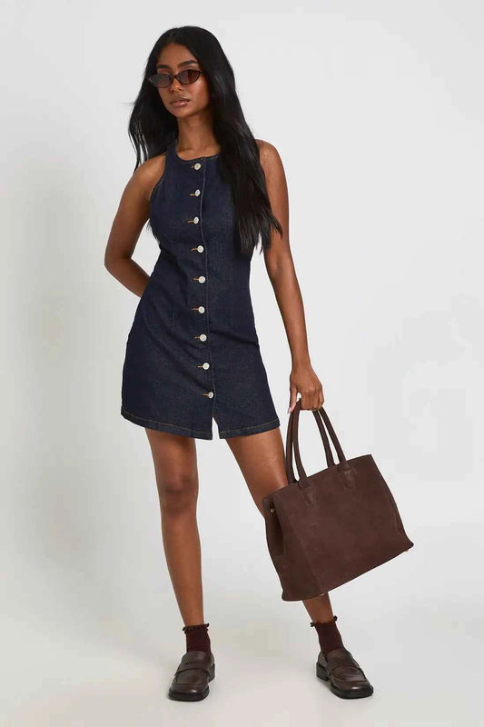 Boohoo - Sleeveless Cinched Waist Denim Mini Dress