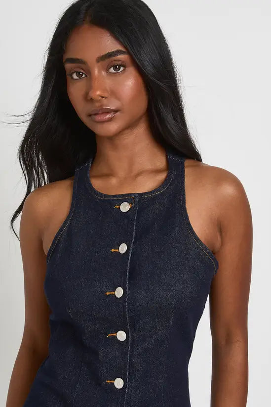 Boohoo - Sleeveless Cinched Waist Denim Mini Dress