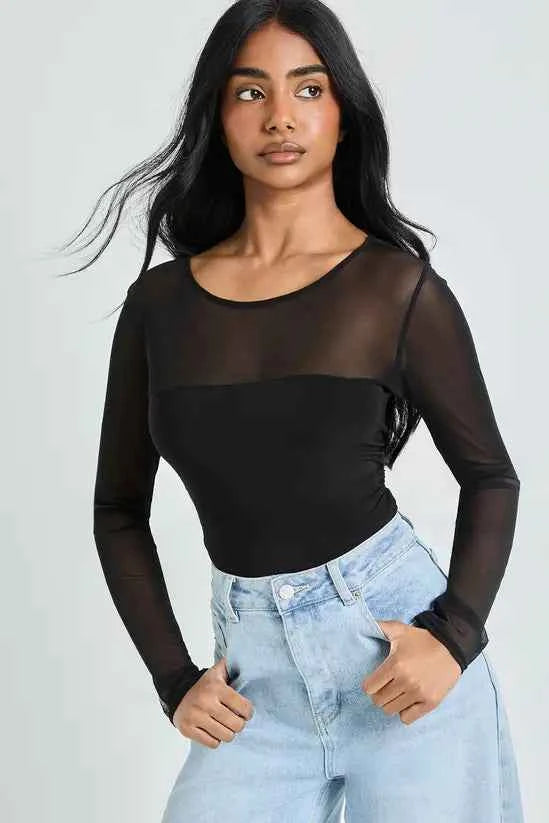 boohoo Mesh Panel Front Long Sleeve Bodysuit