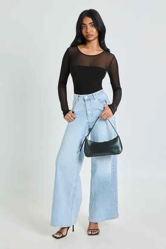 boohoo Mesh Panel Front Long Sleeve Bodysuit