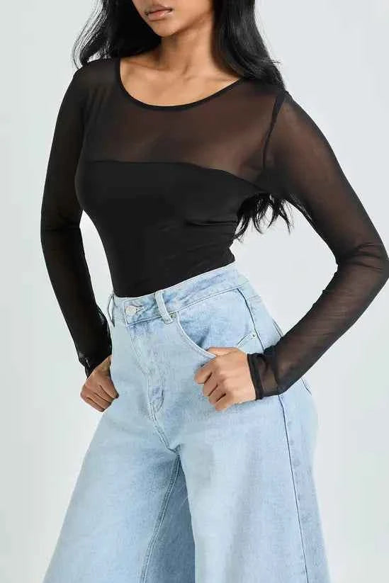 boohoo Mesh Panel Front Long Sleeve Bodysuit