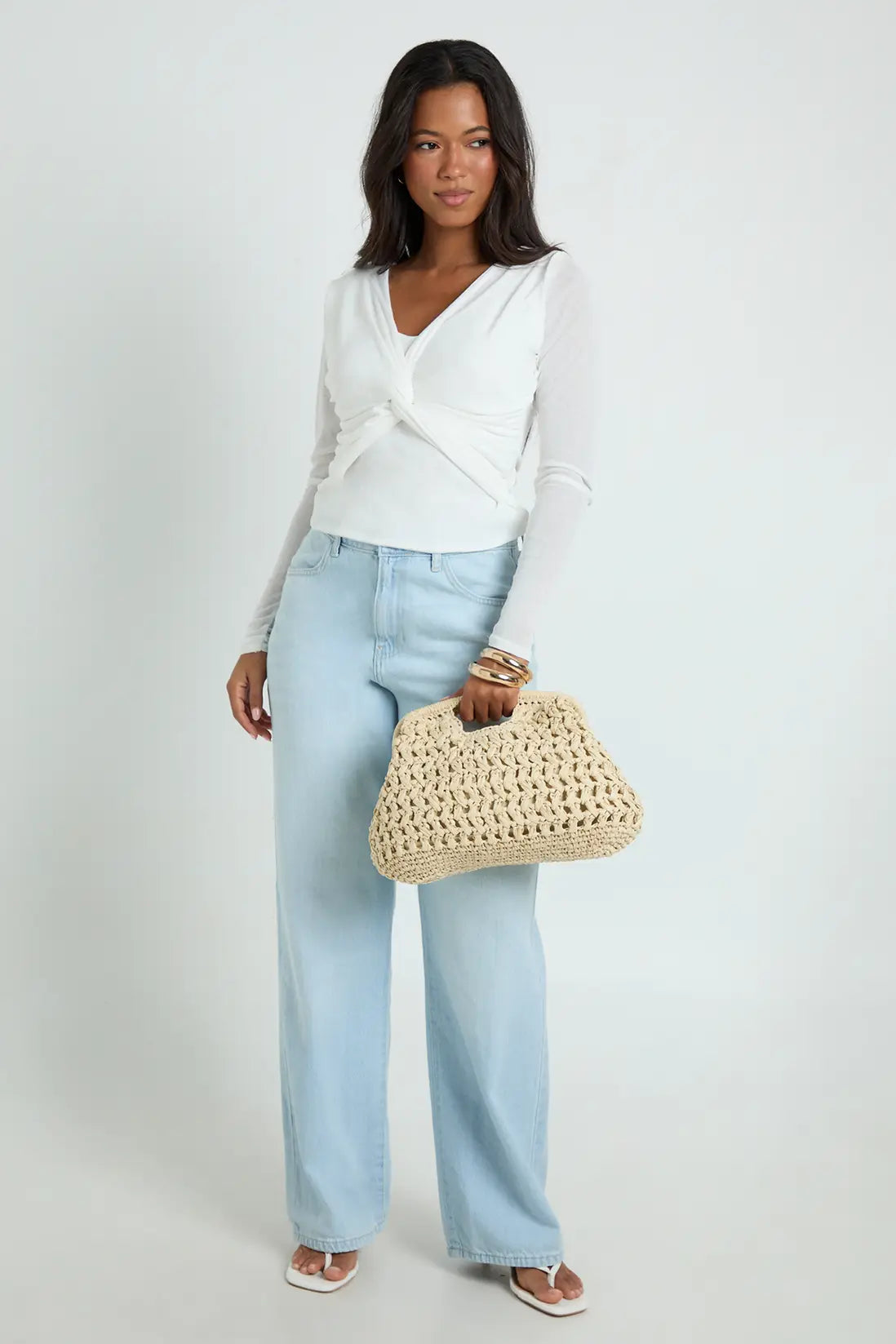 boohoo Sheer Textured Twist Front Long Sleeve Top