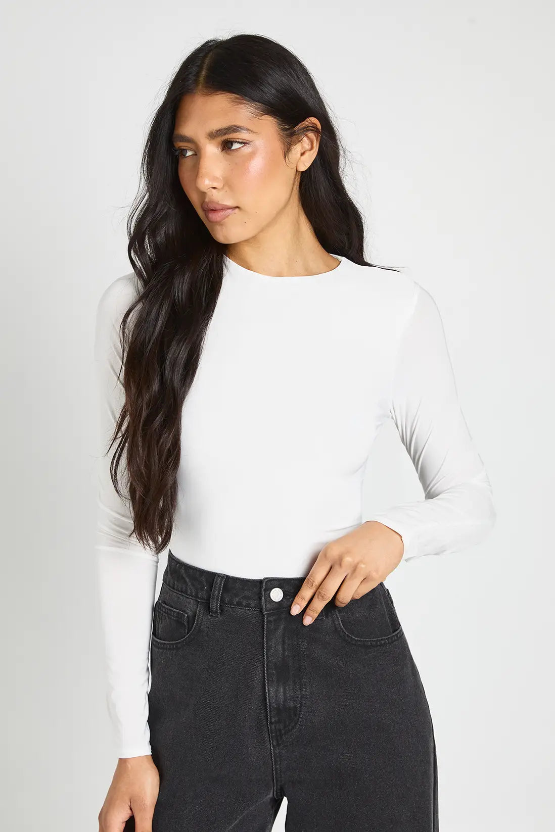 boohoo Tall Double Layer Slinky Long Sleeve Crew Neck Bodysuit
