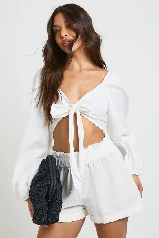 Boohoo Linen Look Knot Crop & Paperbag Waist Shorts SET