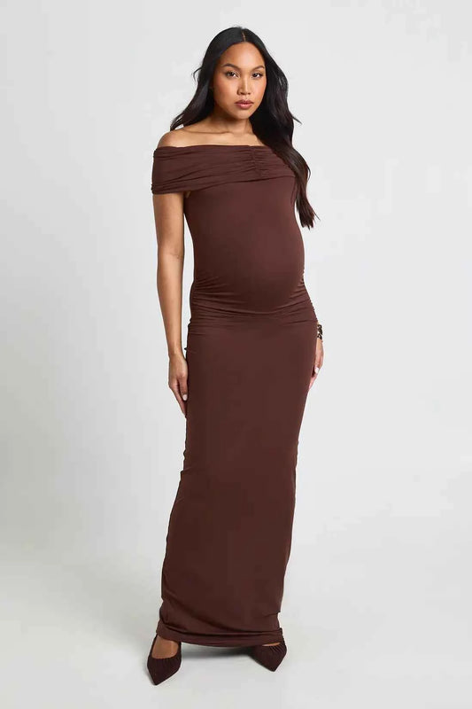 boohoo Maternity Bardot Ruched Maxi Dress