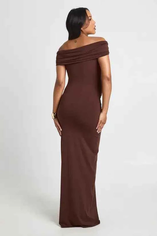 boohoo Maternity Bardot Ruched Maxi Dress