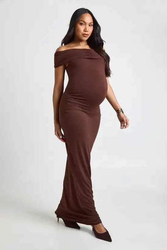 boohoo Maternity Bardot Ruched Maxi Dress