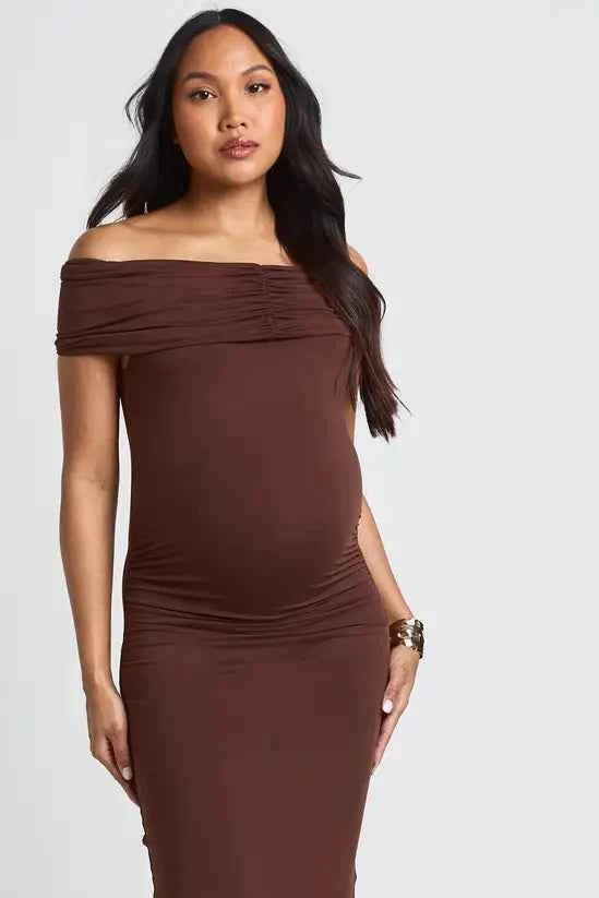 boohoo Maternity Bardot Ruched Maxi Dress