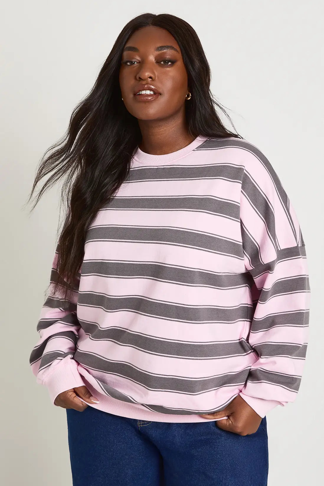 boohoo Plus Striped Oversized Crew Neck Sweatshirt
