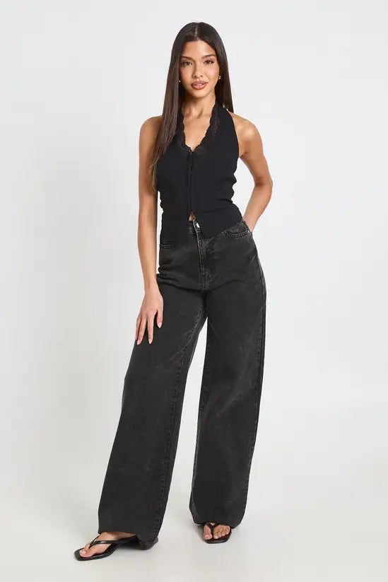 boohoo Lace Trim Bengaline Halterneck Corset Top