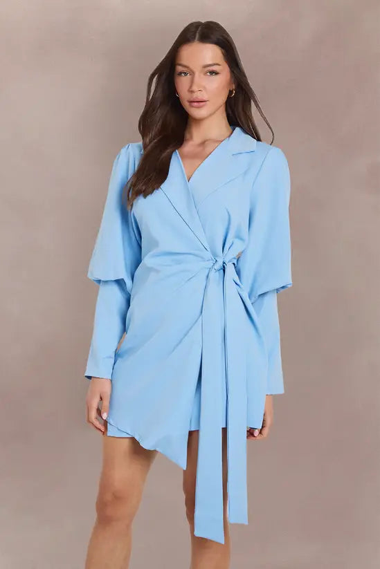 boohoo Volume Sleeve Tie Waist Blazer Dress